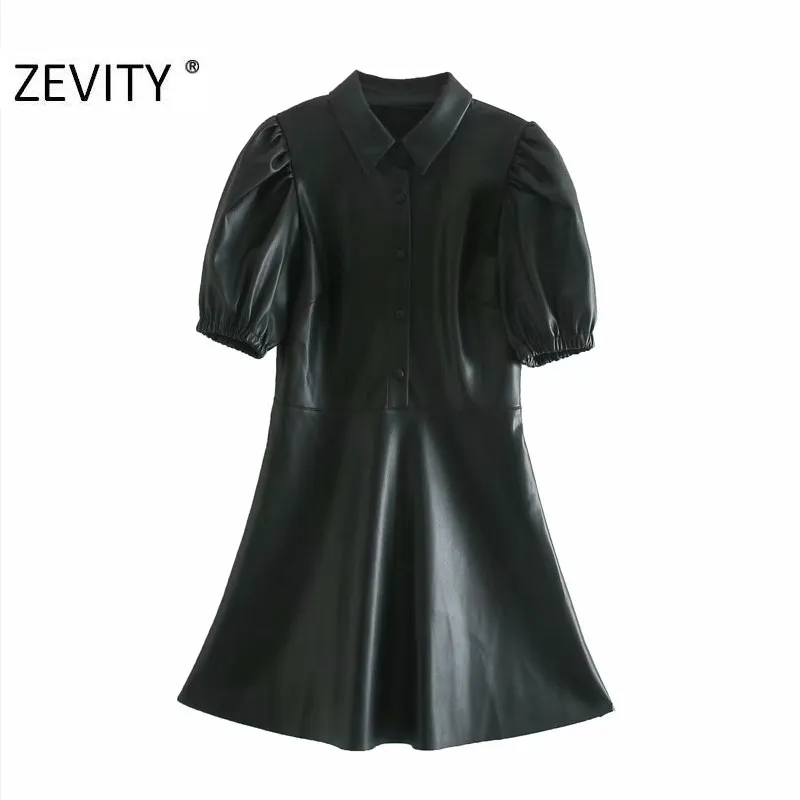 Zevidade mulheres vintage cor sólida plissada manga sopro uma linha de camisa senhoras pu couro pu vestidos chinês marca slim vestidos ds4515 210309