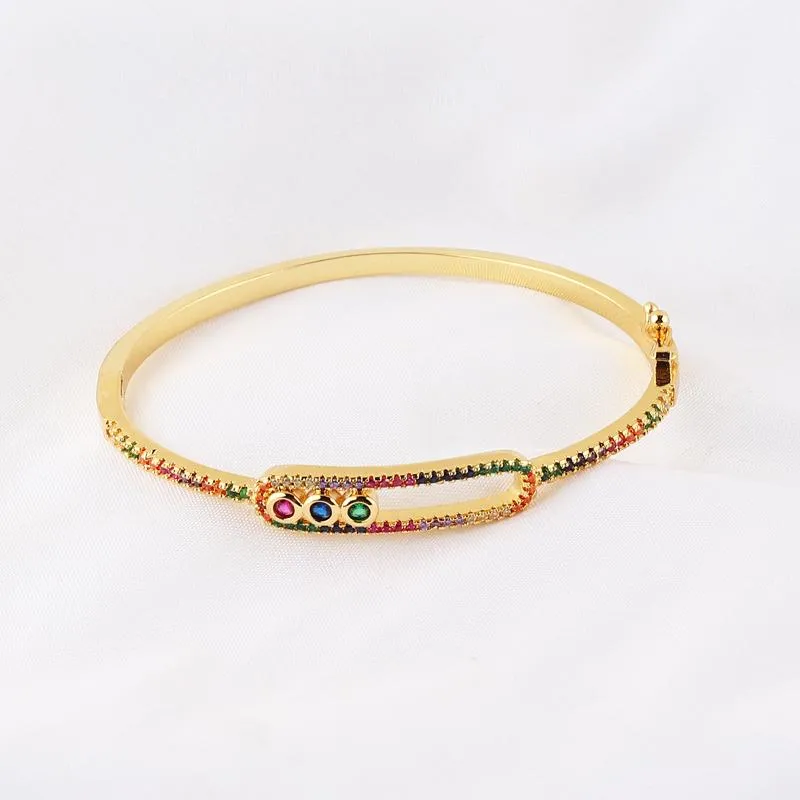 Goldgefülltes blaues, grünes, rotes, weißes Baguette-Regenbogen-Zirkonia-offenes Armband für Damen, Modeschmuck231L