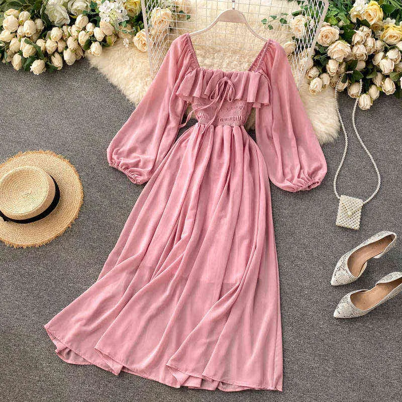 Gorset Sukienka Vintage Z Długim Rękawem Fairy Sukienka Kobieta Wzburzyć Szyfon Elegancki Jesień Kwadrat Party Dresses Dla Kobiet 2021 Różowy Y1204