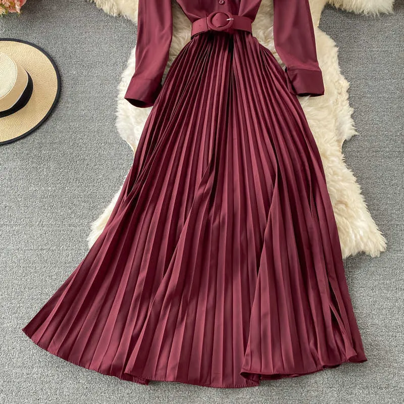 Frühling Herbst Vintage Gelb/Lila Einreiher Gefaltetes Langes Kleid Frauen Elegante Drehen-unten Kragen Langarm Vestidos 2021 Y0603