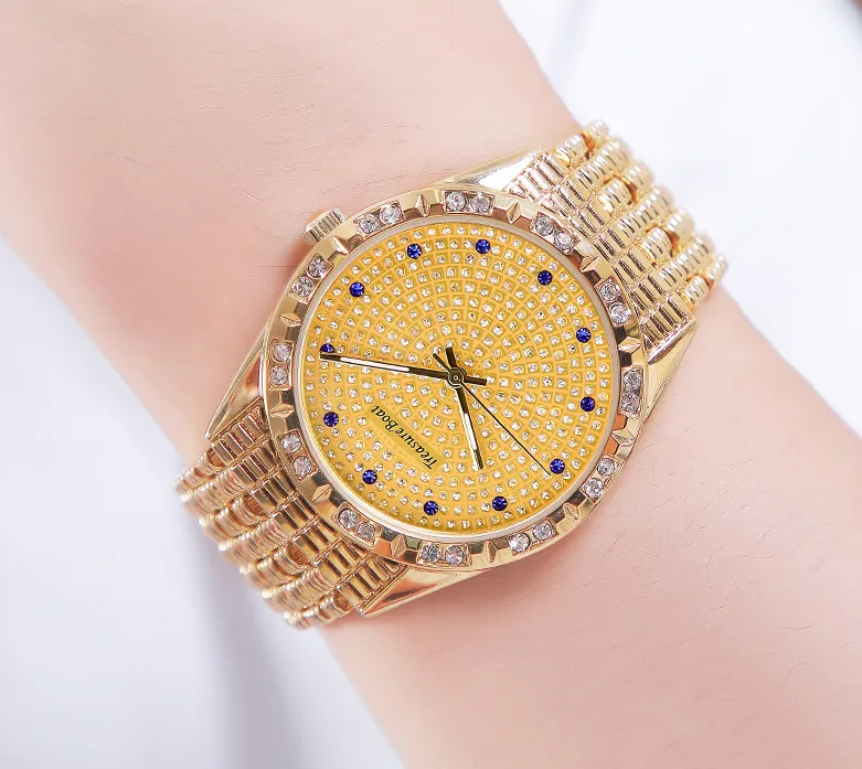 Treasureboat marca de moda relógios masculinos luxo ouro diamante relógio quartzo brilhante e transparente dial confortável banda relógios pulso274z