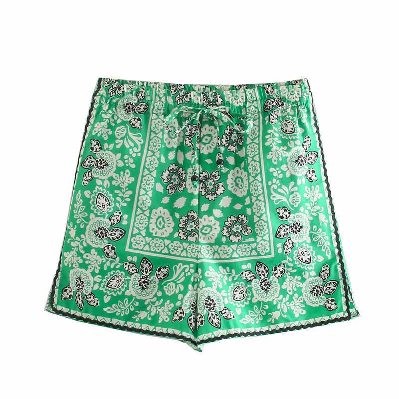 TRAF VROUWEN SHORTS ZA GROENE PRINT LOSSE Hoog getailleerd Turnstring Casual Vrouw Vintage Elastische Taille Vrouwelijke Korte Broek 210719