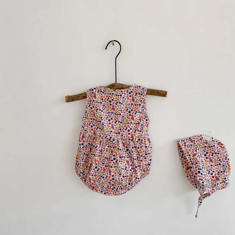 Lato Baby Girl Bodysuit Kwiatowy Kamizelka Bez Rękawów Kombinezon z czapką Born Cute Style Kids Clothes E2484 210610