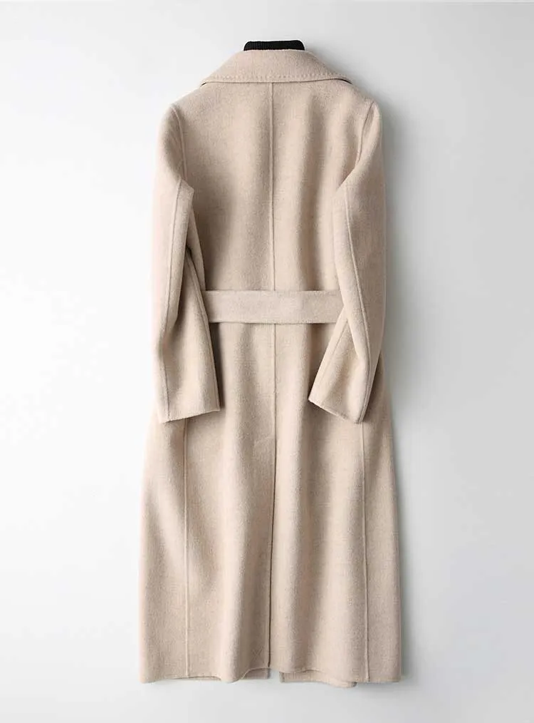 Women Cashmere Long Coat Elegant Turn Down Collar Woolen Coat With Belt Open Stitch Design Winter Warm Coats