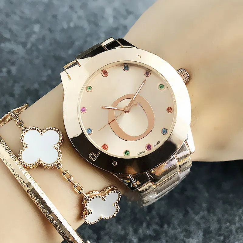Мода Большие буквы Дизайн часы Женщины Красочные кристаллические стиль металлическая стальная группа Quartz Forist Watch P242175