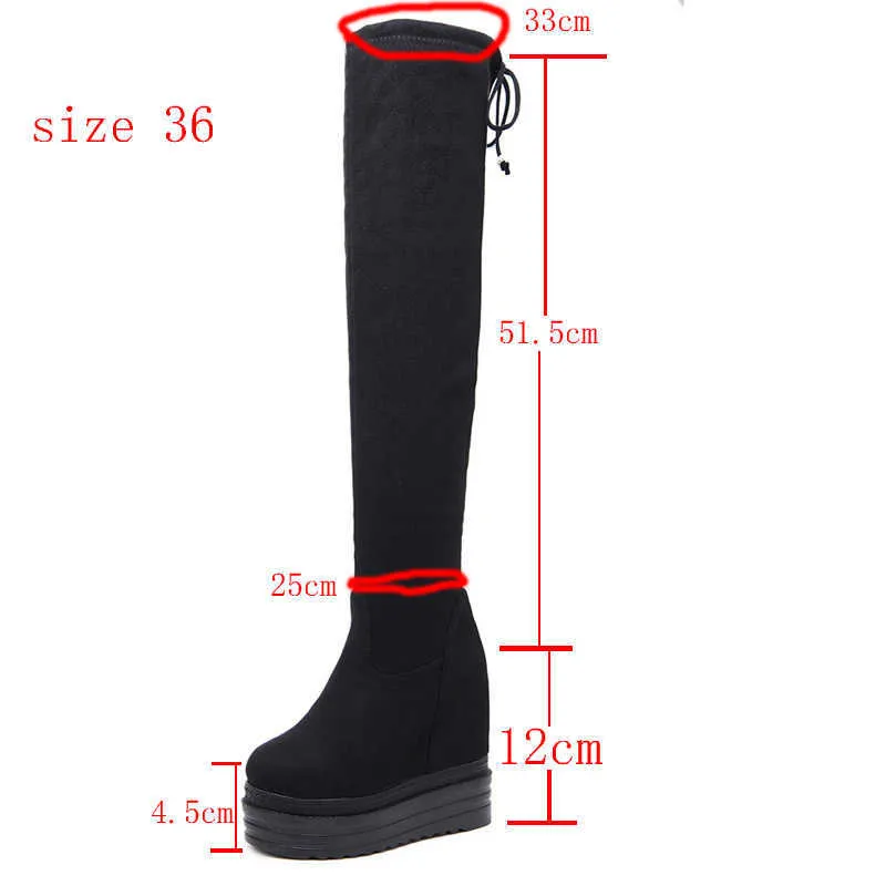 Sapatos de cunhas pretas para mulheres couro de camurça sobre botas joelheiras 12cm plataforma saltos outono inverno longa botas bottine femme hiver y1018