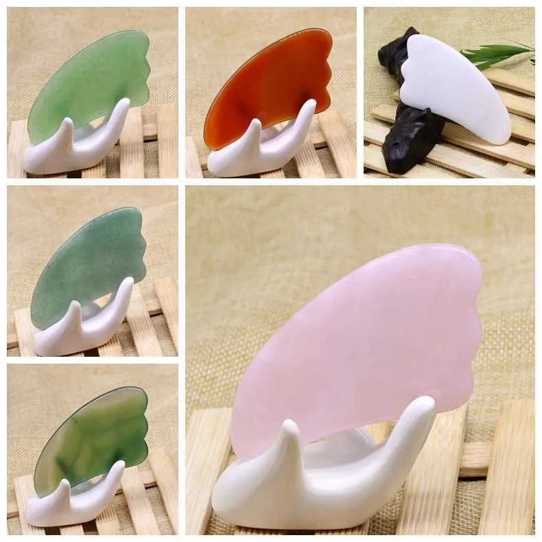 Placa de guasha com pedra de jade natural, quartzo rosa, ágata verde, dongling, raspador de guasha, massageador facial, ferramentas gua sha 4956042