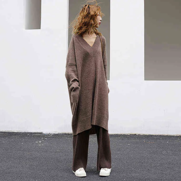 SHIJIA autumn Long sweater female V-neck oversized Loose brown knitted jumper woman pullovers femme winter streetwear tops 211120