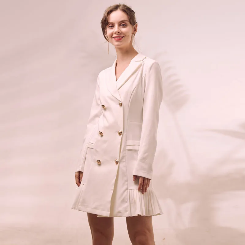 بيلا الأنيقة الكشكش مزدوجة الصدر والنساء لباس المكتب السترة أبيض فستان الخريف الشتاء النحيف بدلة السيدات الفساتين 201008