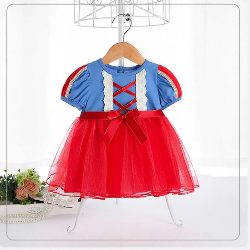 Sommar baby flicka klänning kort puff ärmar lolita stil blå röd spets prinsessa barn kläder e9238 210610