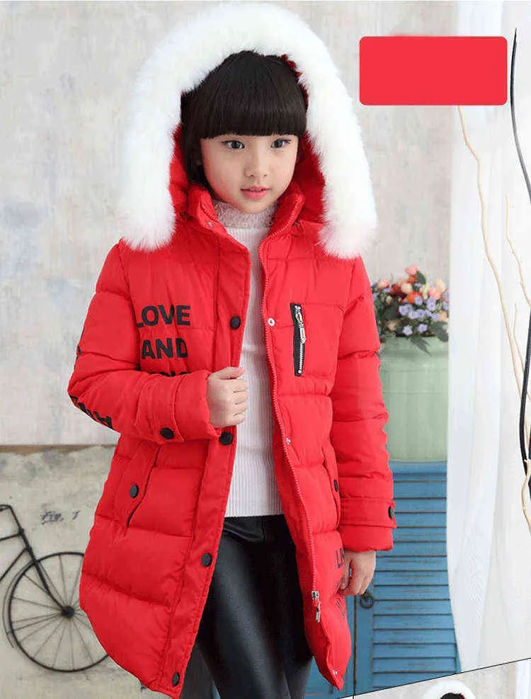 Withstand The Severe Cold Thick Keep Warm Winter Jacket For Girls Letter Hooded Kids Outerwear Teenager Long Windbreaker Coat 211204