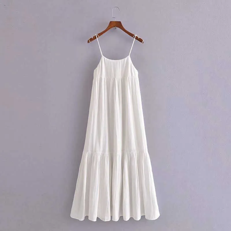 Women White Backless Summer Dress Za Sleeveless Straps Sexy Tiered Midi Dresses Woman Chic Bow Elastic Pleated Party Dress 210602