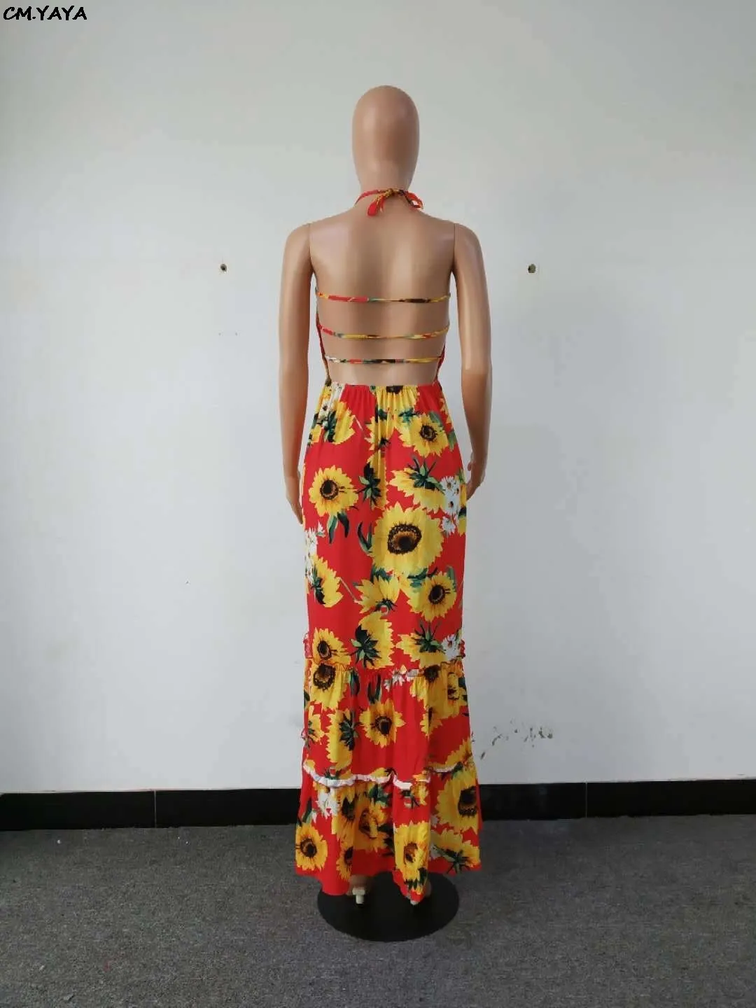 new women summer sunflower print hatler neck sleeveless big swing maxi dress vintage fashion long dresses vestido GlSMN3087 210302