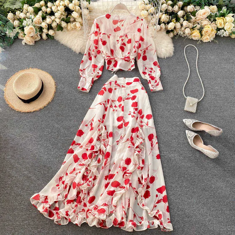 Strandstil Koreansk Lace Up V Neck Puff Långärmad Chiffon Blus Kort Slim Ruffles Floral Split Kjolar Fashion Sets 210610