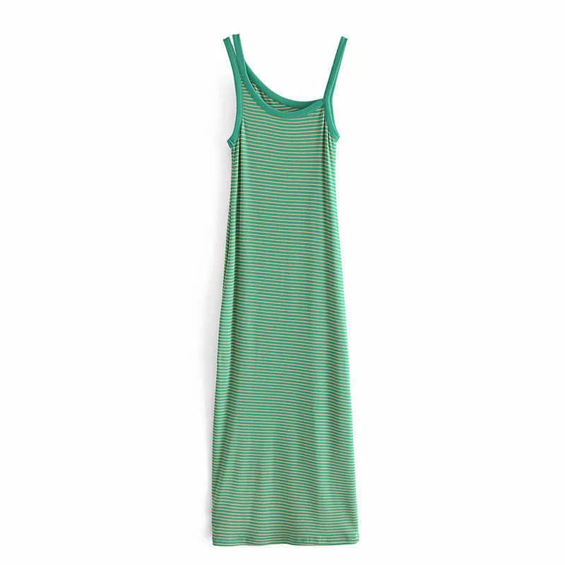 Za zomer gestreepte gebreide jurk vrouwen mouwloze dunne riemen asymmetrische partij jurk vrouw vintage slanke groene lange jurk 210602