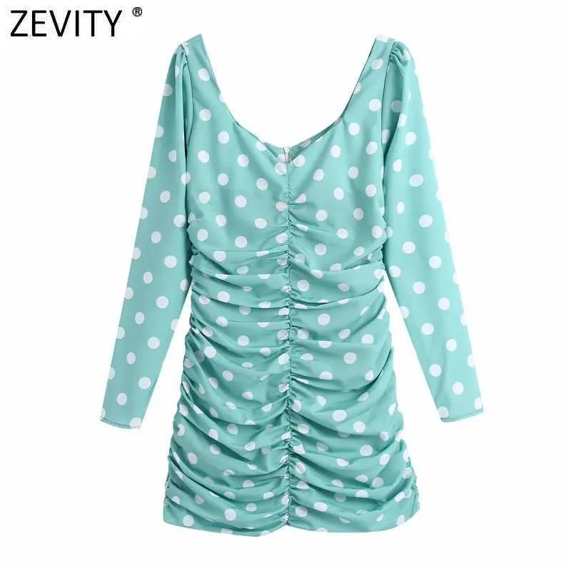 Zevity femmes Sexy col en V à pois imprimer plissé vert Mini robe femme Chic dos fermeture éclair mince fête Vestido DS5049 210603