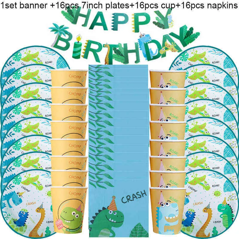 Dinosaur Theme Party Servies Set Papier Plaat Cup Servet Banner Dino Gelukkige 1e Verjaardag Party Decoratie voor Kinderen Jongens 211216