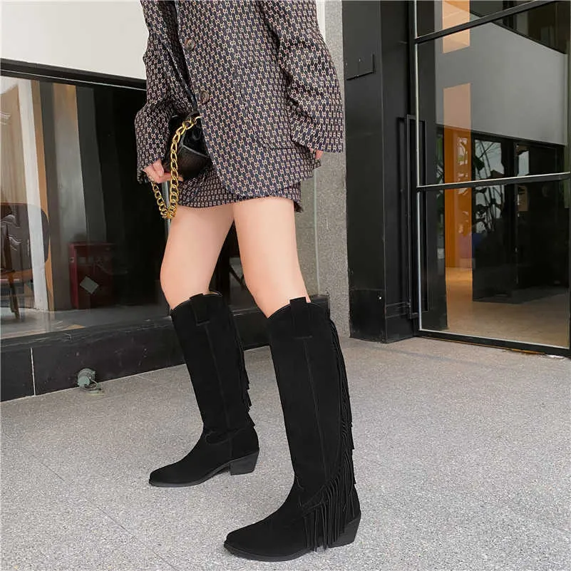 Meotina véritable cuir genou bottes hautes femme talon haut bottes occidentales chaussures à talons épais frange bout pointu dames bottes longues noir 210608