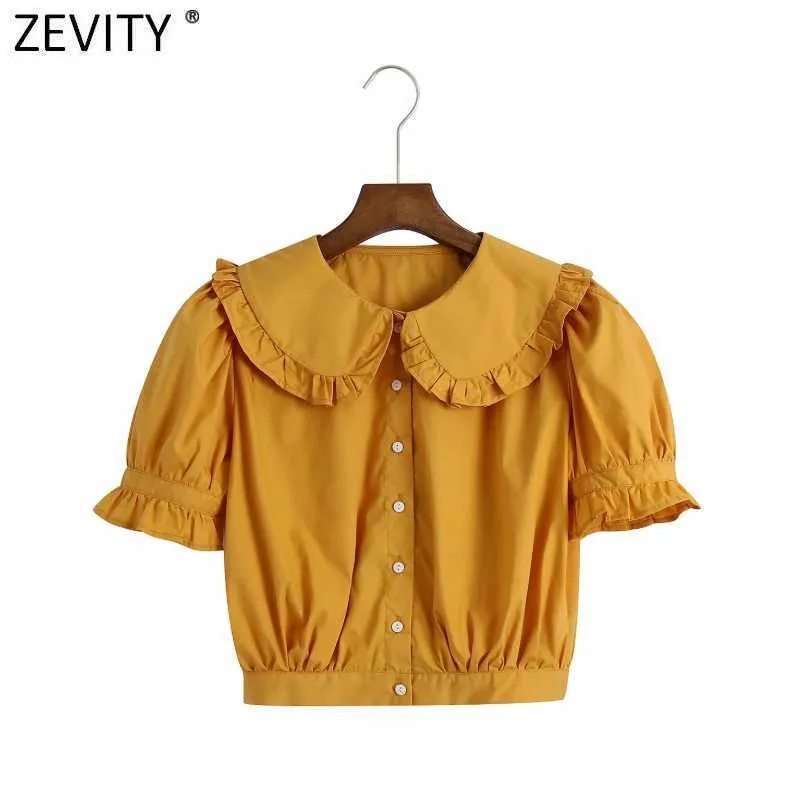 Zevity Kobiety Sweet Agaric Koronki Peter Pan Collar Solidna Krótka Koszulka Kobieta Rękaw Puff French Style Bluzka Roupas Chic Topy LS9197 210603