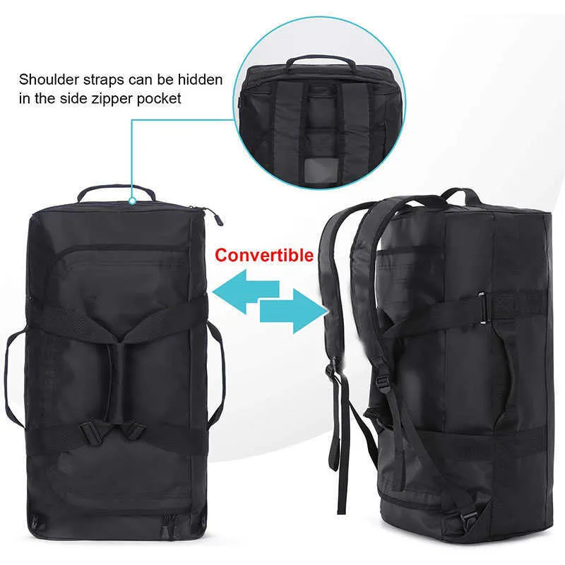 Mochila resistente al agua de 50L Duffle Heavy Duty Convertible Duffle Bag con correas de mochila para gimnasio, deportes, viajes, negro Y0721