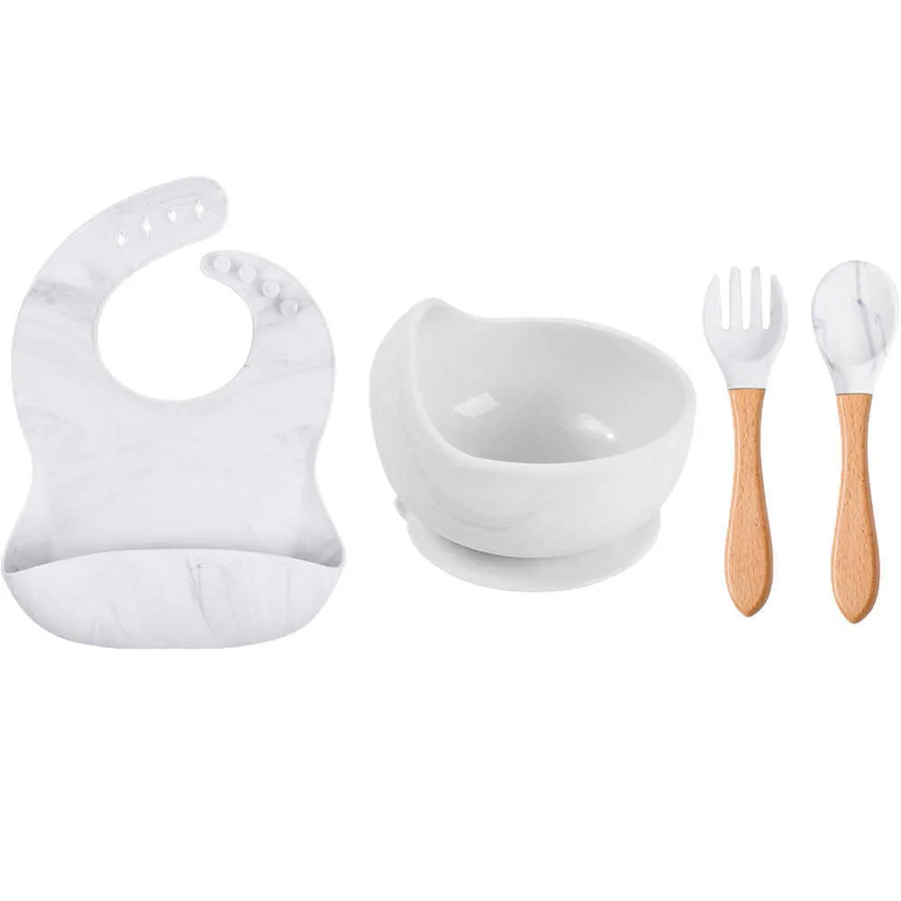 SUCTION Baby Bib+Bowl Spoon Fork Silikon Tabeller Border Barn Trähandtag Silikonsked Bowl Kids Silikon Matningsskålen