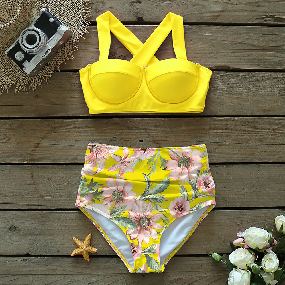 High Waist Swimsuit 2021 Halter Vintage Retro Bikinis Women Bandage Top Push Up Swimwear Female Bathing Suits Beach Wear Biquini 210305