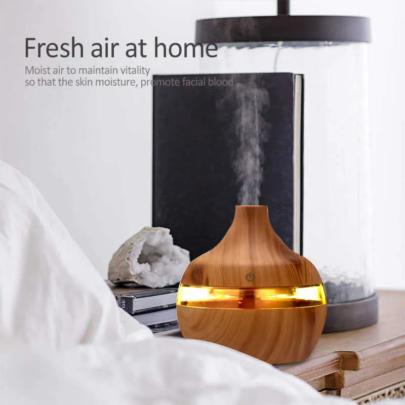 300ml Air Humidifier Aroma Essential Oil Diffuser Ultrasonic Wood Grain Humidificador USB Mini Mist Maker 7 LED Light Car Home 210724