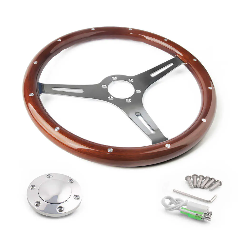 Racing Car 380mm 15" Classic Wooden Steering Wheel Chrome Silver Spoke Vintage Classic Wood Grain Steering Wheel Car