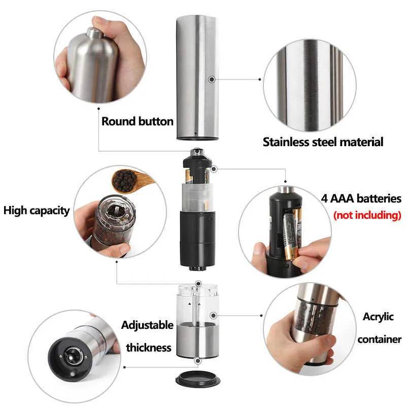 2 stks roestvrijstalen elektrische zout en peper molen set automatische kruid kruid molen verstelbare grofheid geschenken keuken gadget 210611