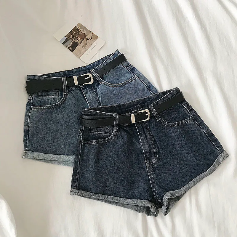 Hemming denim mini şort kadınlar yaz 2021 yeni basit çok yönlü yüksek bel geniş bacak kot pantolon femme 210306 ile sıcak şort