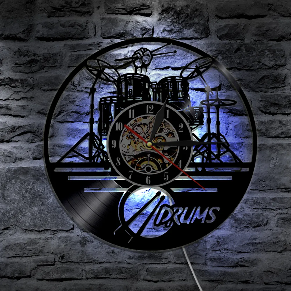 Guitar Drums Set Silhouette LED Backlight reloj Music Modern Vinyl Watch 3d Wall Clock horloge Band Member Fan Handmade Gift 210310