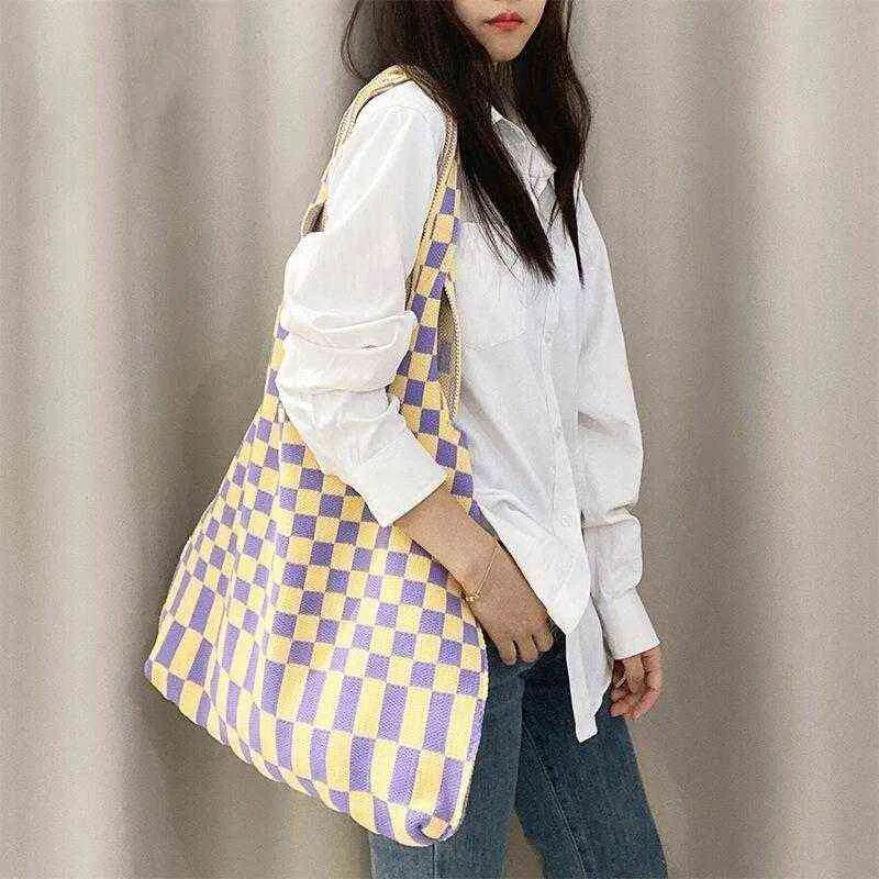 Shopping Bags Winter Women Checkerboard Shoulder Bag Woolen Knitted Korean Fashion Female Tote Clash Color Large Capacity Casual 220307