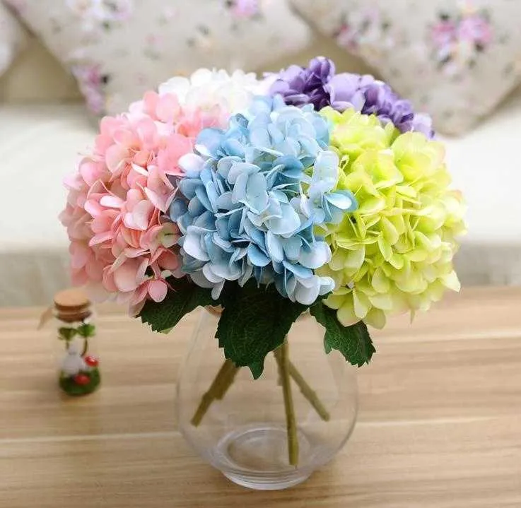 100 stks Hydrangea met bladeren Hydrange Mooie Bruiloft Bloem Floral Christmas Event Party Table Decoration Groothandel