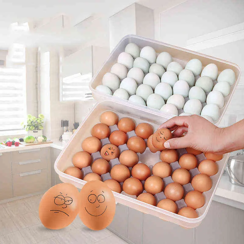 34 Izgaralar Plastik Yumurta Saklama Kutusu Taşınabilir Gıda Konteyner Buzdolabı Tepsi Tutucu Kapak Mutfak Aracı ile 211102