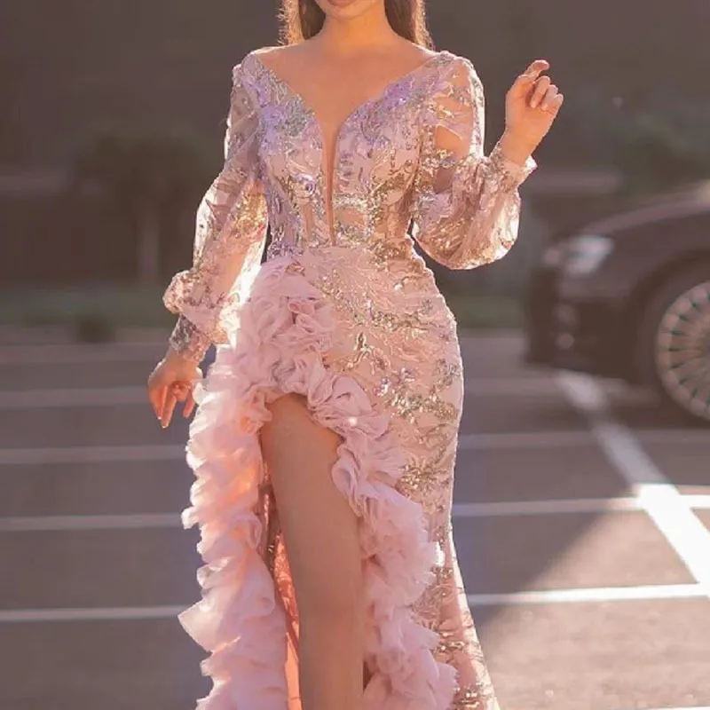 2021ピンクのイブニングドレスを着る長い袖の幻想クリスタルビーズハイサイドスプリットフロアの長さパーティードレスプロムガウンオープンBA 271U
