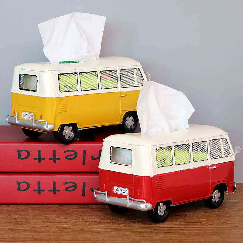 Fiore Retro Iron Bus Tissue Box Modello Figurine Car Craft Decorazione della casa Accessori soggiorno Ornamenti Decor 211108