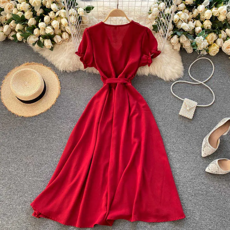Frauen Mode Sommer V-ausschnitt Schnalle Taille Abnehmen Retro A-linie Kleid Kurzarm Einfarbig Kleidung Vestidos R982 210527
