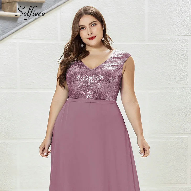 Plus Size Abito con paillettes Abito lungo senza maniche con scollo a V Abito da sera elegante Abito da donna lungo Abiti da festa 210302