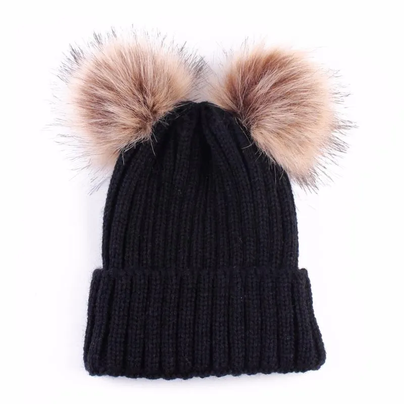 Gorro con pompón de piel doble, gorro cálido de invierno con pompones para mujer y niña, gorros tejidos de ganchillo, marca gruesa Female183f