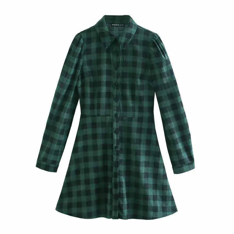 Za Green Corduroy Plaid Shirt Kleid Frauen Langarm Vintage Büro Dame Kurze Kleider Frau Mode Front Button Vestido 210602