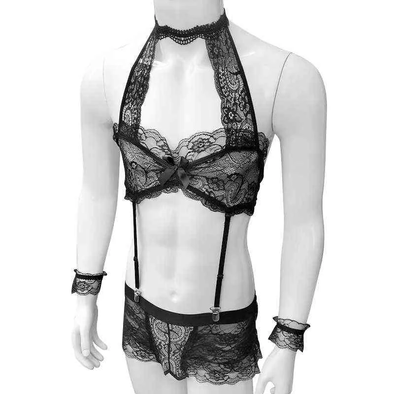 NXY sexy setSexy hommes adultes Sissy dentelle florale Lingerie soutien-gorge ensembles ouvert entrejambe voir à travers Gay mâle vêtements de nuit vêtements de nuit avec bracelets 1127