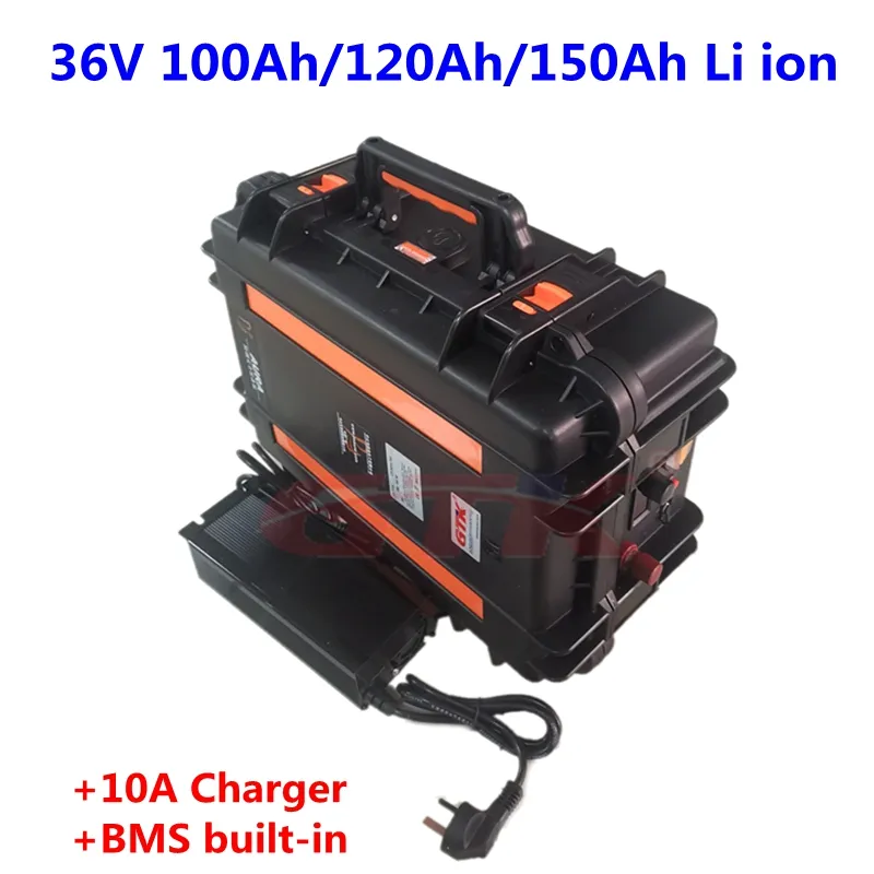 Batterie Lithium-ion étanche 36V, 100ah, 120ah, 150ah, 3.7V, li-po, bms 10s, pour bateaux de pêche 3000W, mortor à la traîne, avec chargeur 10a