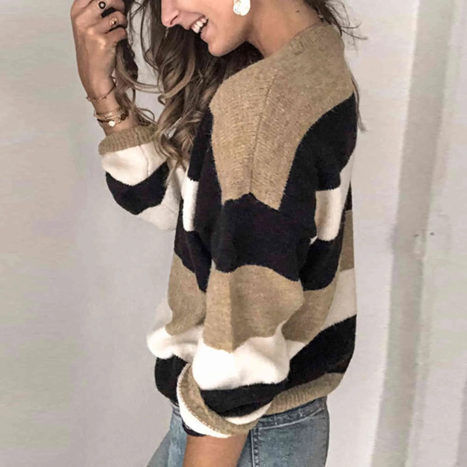 Suéter de punto suelto para mujer, Jersey informal de manga larga con cuello redondo, bloque de Color, talla grande, otoño e invierno, Y1110