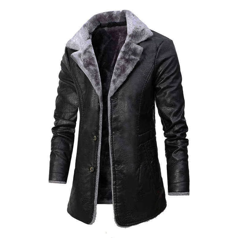 PU Leather Jacket Men Long Style Solid Men's Streetwear Fleece Casual Mens Clothing Porckets Breasted Leather Coat Outwear 211119