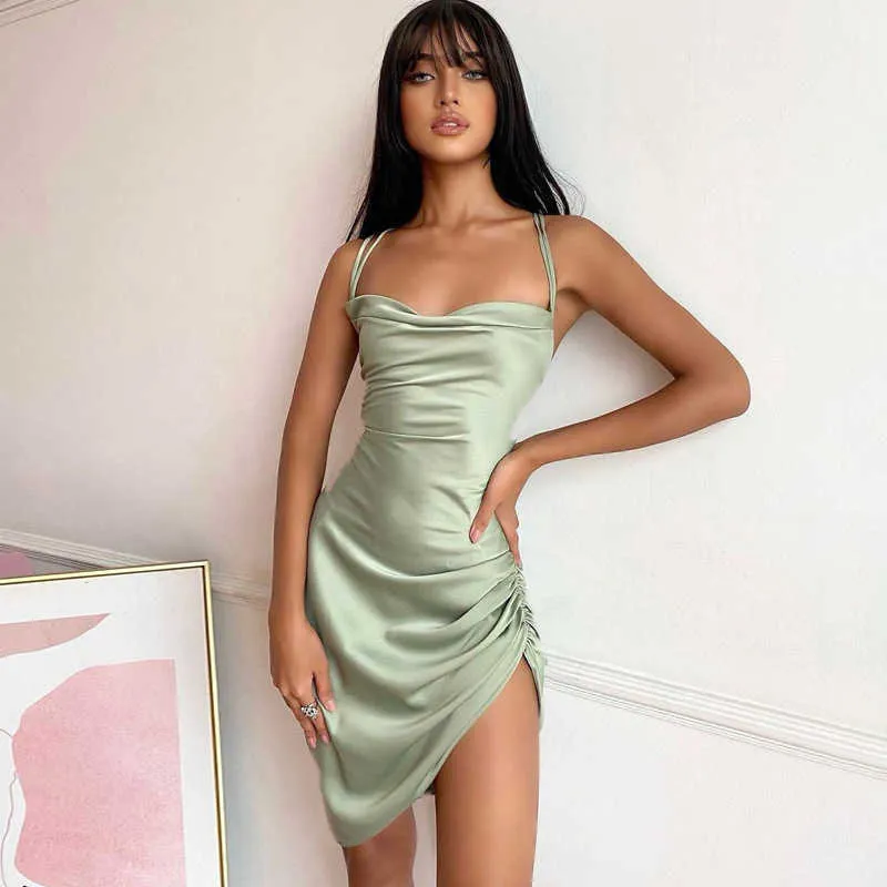 Satin Women Strap Mini Dresses Ruched Lace Up Cross Bandage Backless Bodycon Sexy Party Elegant Slim Wrap Hips Club 210526