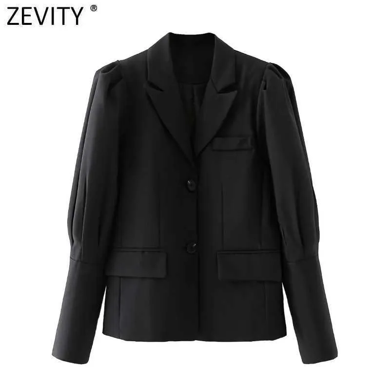 Zevity Femmes Mode Plissé Puff Manches Solide Couleur Boutonnée Fit Blazer Manteau Bureau Lady Costumes Vêtements d'extérieur Chic Tops CT689 210603