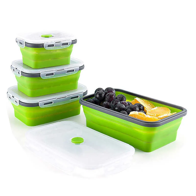 4 Tailles Pliable Silicone Conteneur De Nourriture Portable Bento Boîte À Lunch Microware Maison Cuisine En Plein Air Conteneurs De Stockage 210709