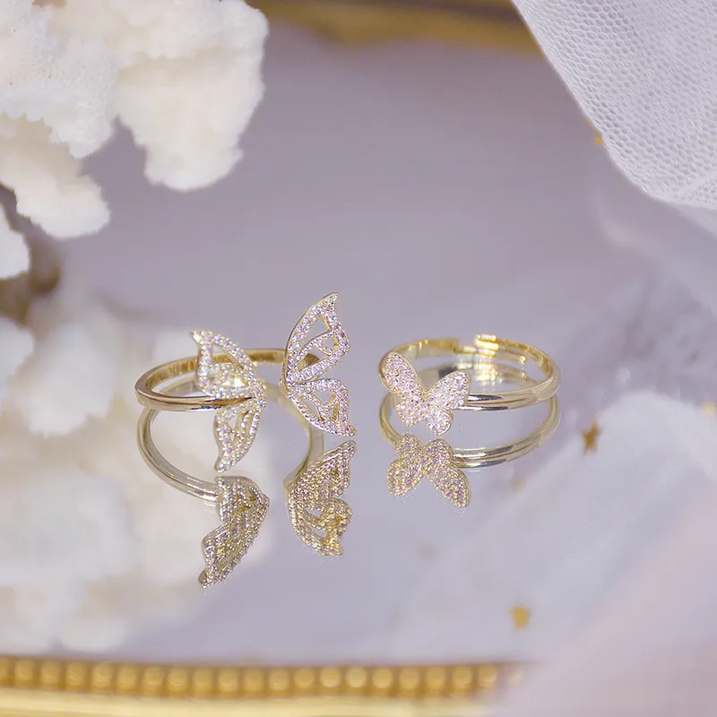 Moda 14k ouro real oco borboleta cz anel para mulheres ajustável design aberto pavimentar zircão borboleta anel de casamento jóias gift232n
