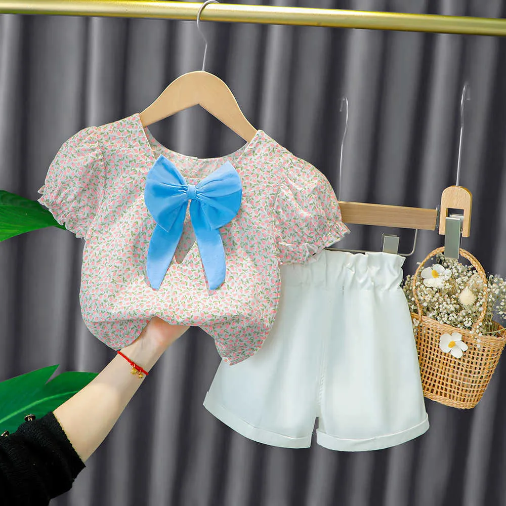 Terno de verão top + shorts bowknot decorativo impressão padrão menina roupas crianças roupas meninas 210528