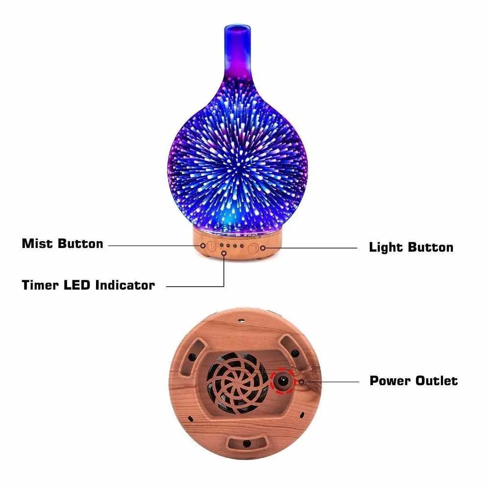 3D fyrverkerier glas aromaterapi maskiner luft luftfuktare ultraljud essentiell olja arom diffuser difusor 4 timer a-fri100ml 210724